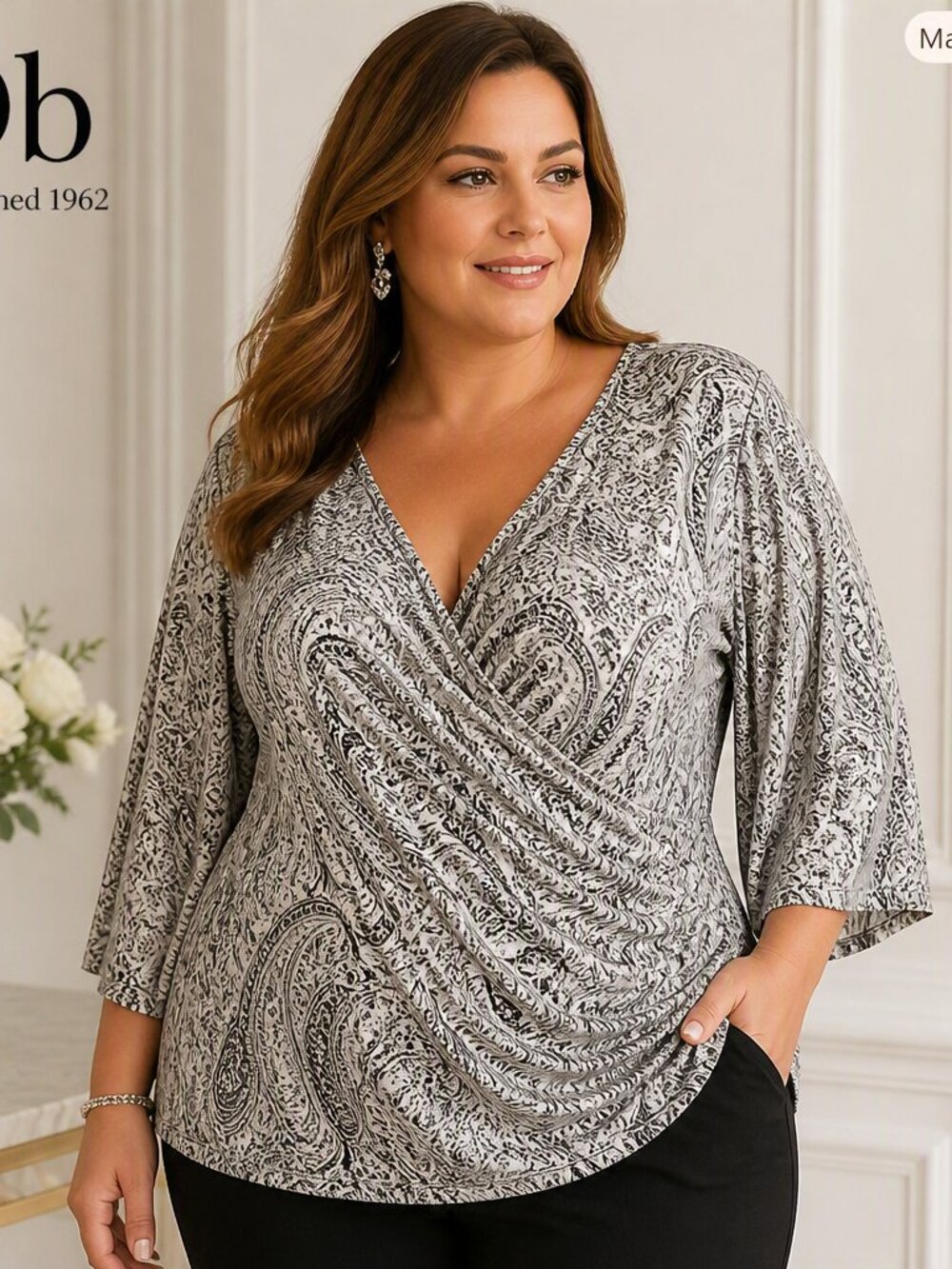 Db Established 1962 Paisley Wrap‑Front V‑Neck Blouse Black & White – Size 2X – S